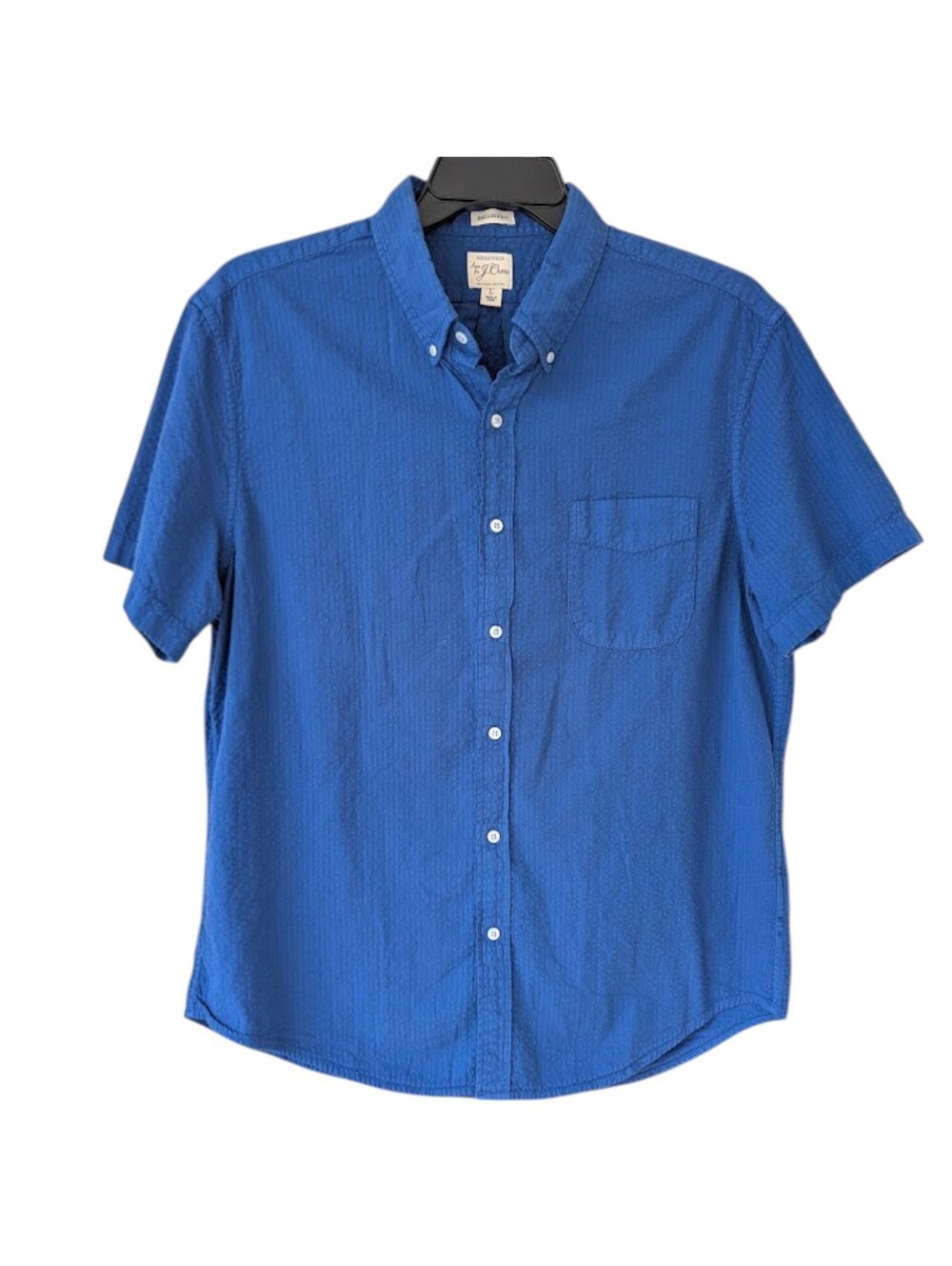 J.Crew Mens L Seersucker Short Sleeve Button Down Shirt Organic Blue 23.5x30.5